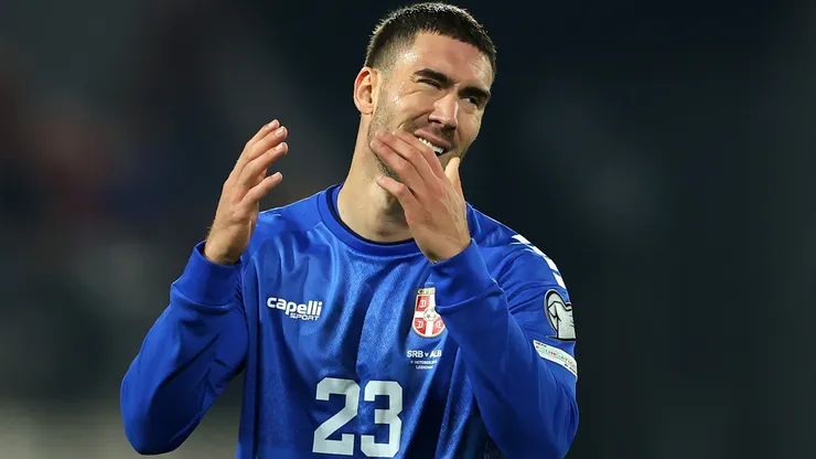 Dusan Vlahovic of Serbia reacts after a missed chance.