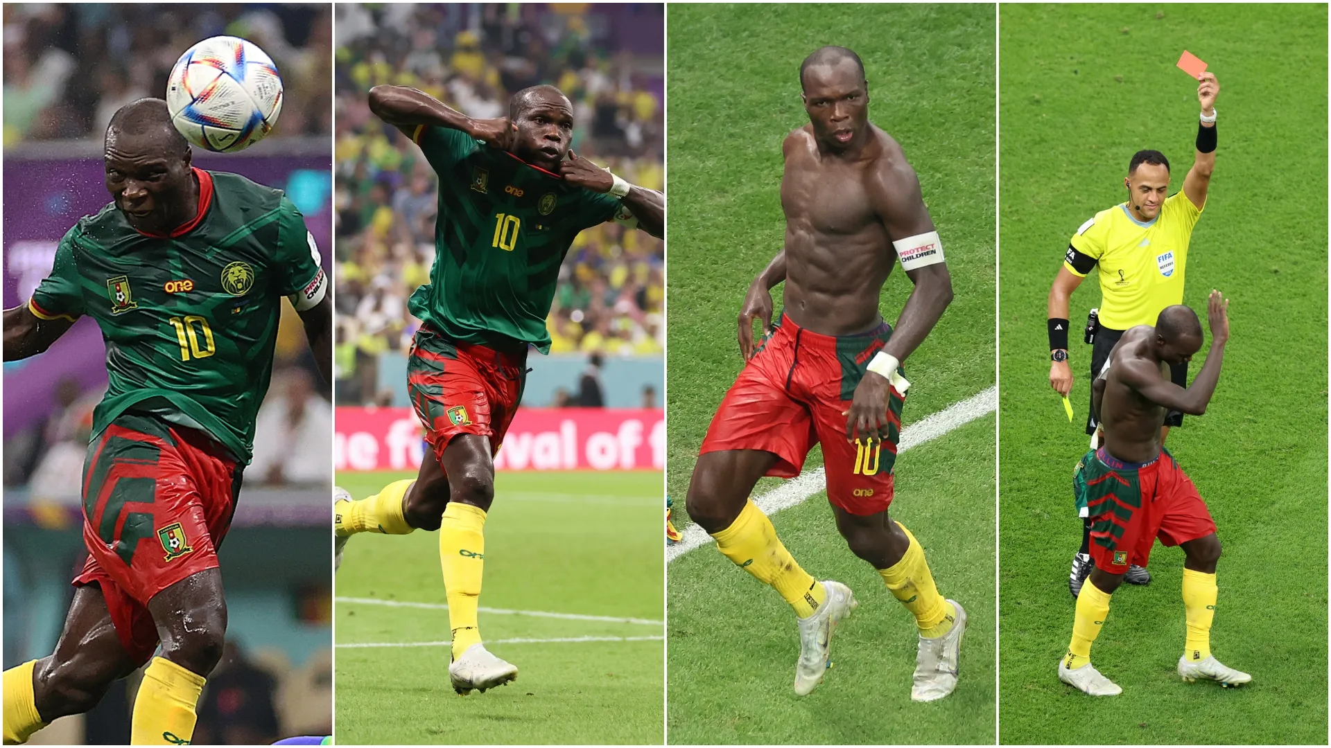 Aboubakar scores, celebrates, and is sent off against Brazil.