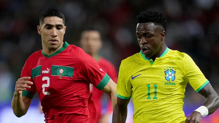 Achraf Hakimi of Morocco (left) and Vinicius Junior of Brazil.