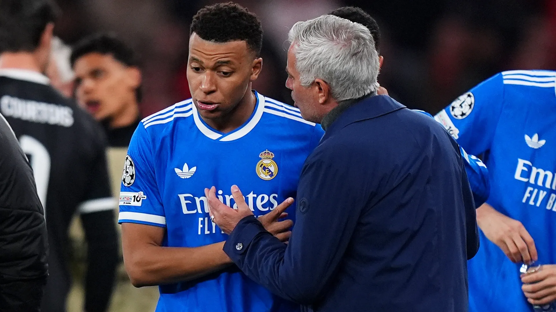 Kylian Mbappe of Real Madrid speaks to Jose Mourinho. Angel Martinez/Getty Images