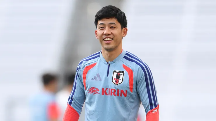 Wataru Endo #6 of Japan reacts during an open practice.