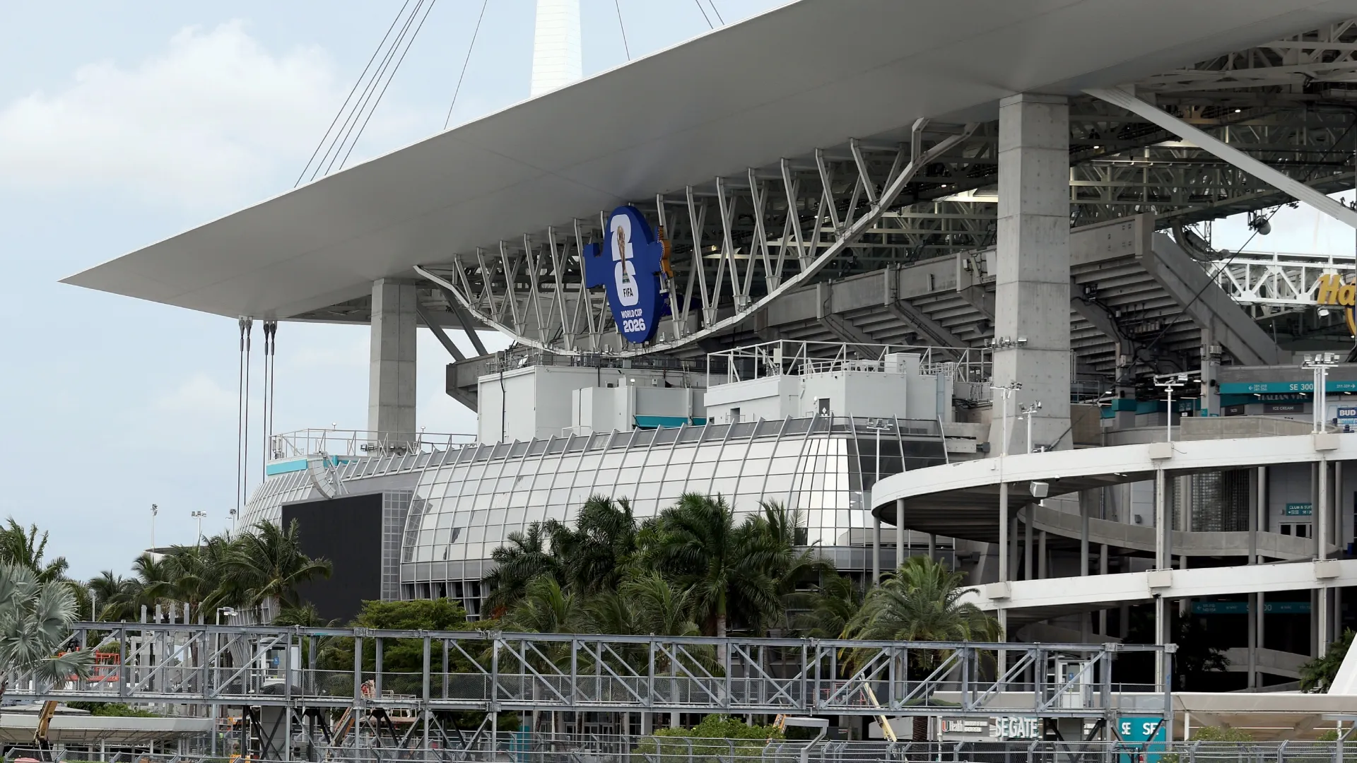 The FIFA World Cup 2026 logo is seen covering the Hard Rock Stadium signage on the exterior of the stadium (Source: Leonardo Fernandez/Getty Images)