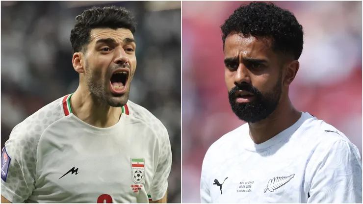 Mehdi Taremi of Iran and Sarpreet Singh of New Zealand.