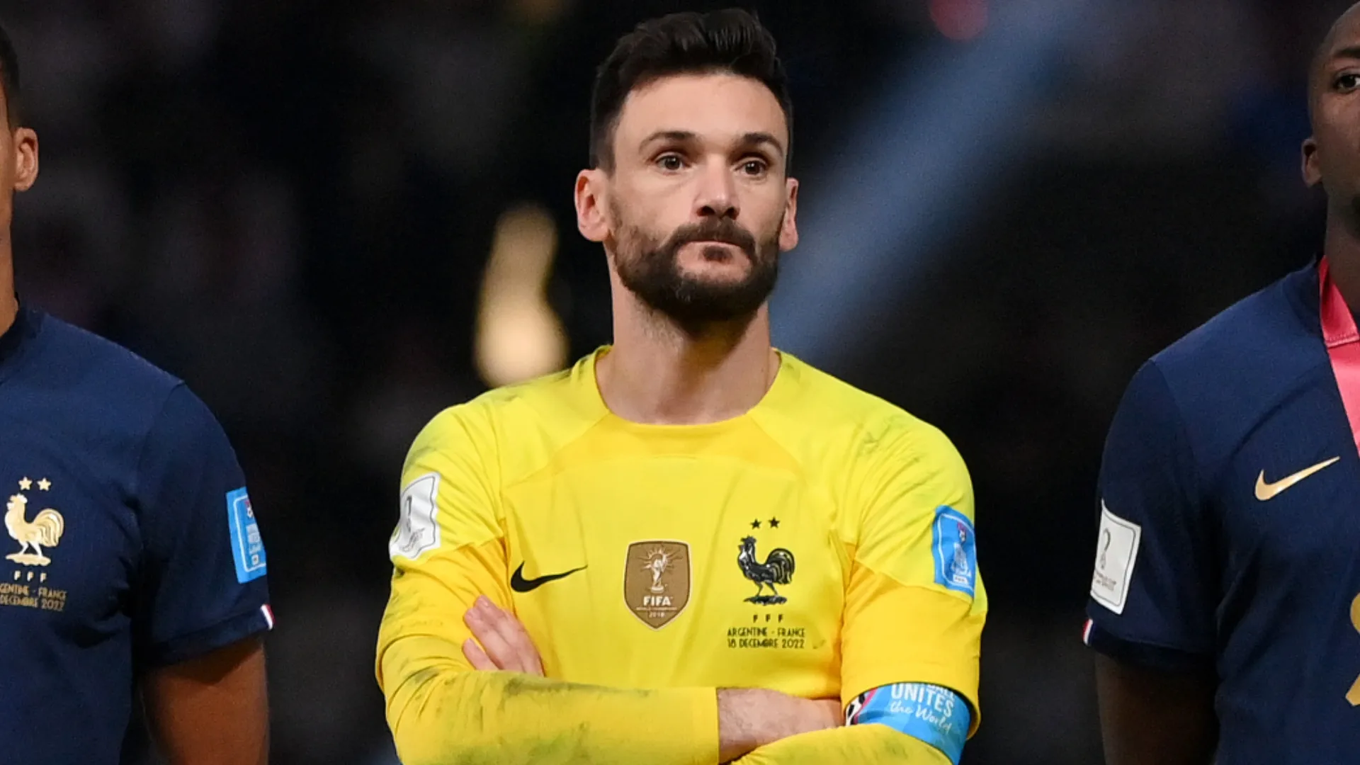 Hugo Lloris on the podium following defeat during the FIFA World Cup Qatar 2022 Final match (Source: Dan Mullan/Getty Images)