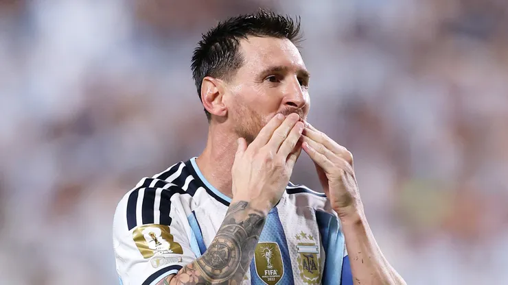 Lionel Messi #10 of Argentina celebrates scoring his team's third and hat trick goal.