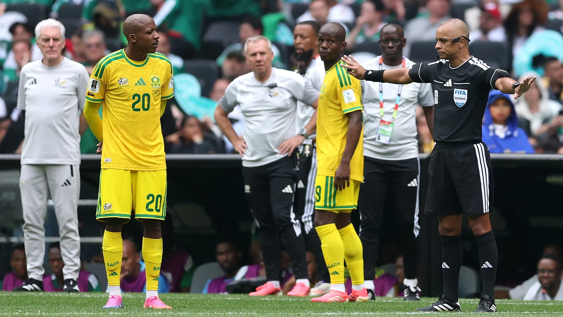 Khuliso Mudau #20 of South Africa listens to referee Wilton Sampaio annouce a VAR decision. Luke Hales/Getty Images