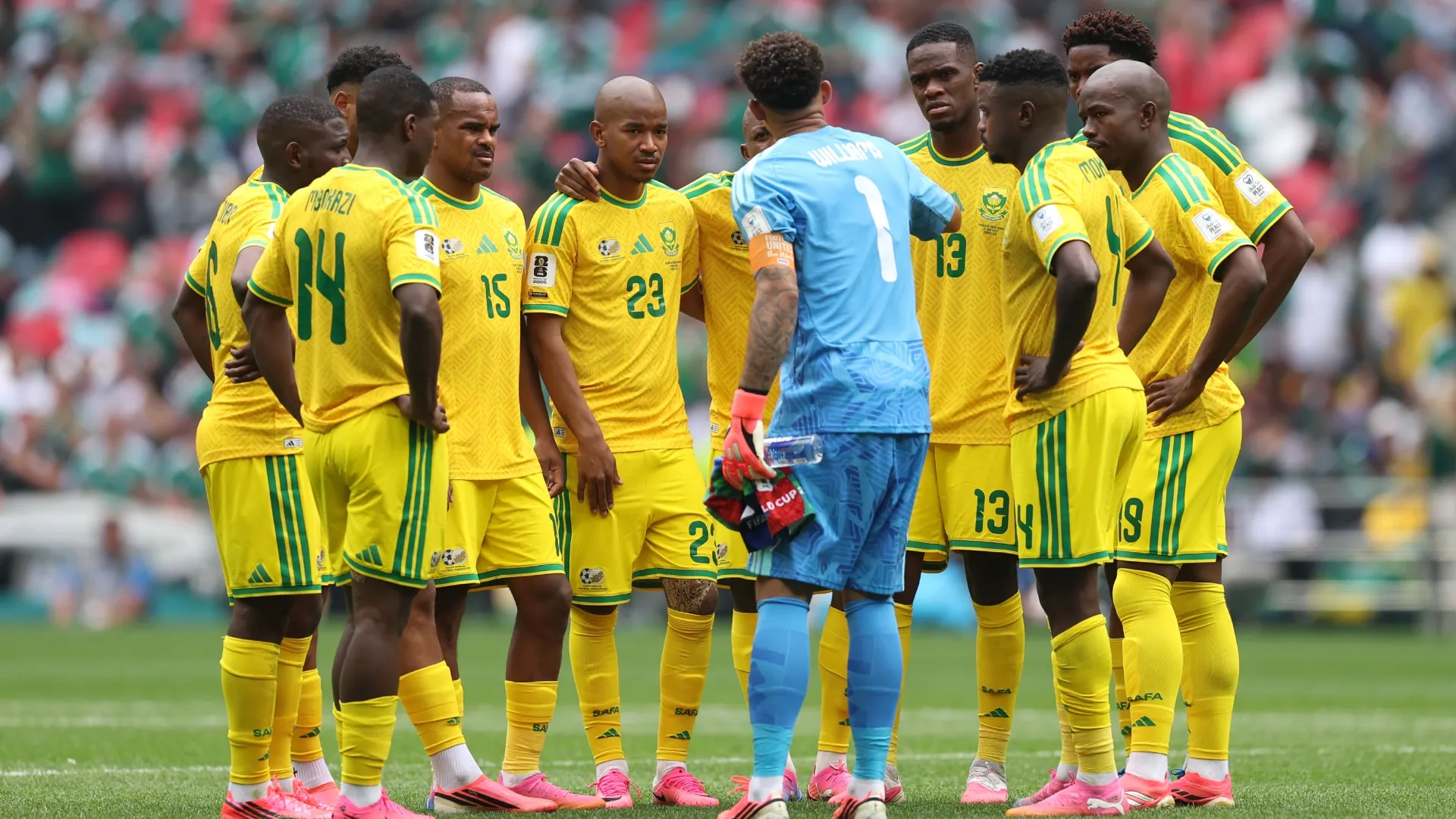 South Africa players huddle during the FIFA World Cup 2026 Group A match (Source: Luke Hales/Getty Images)