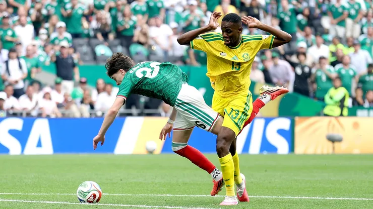 Brian Gutierrez of Mexico is fouled by Sphephelo Sithole of South Africa leading to a red card being shown during the World Cup 2026