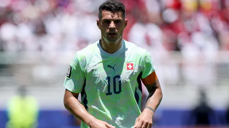 Granit Xhaka #10 of Switzerland controls the ball.