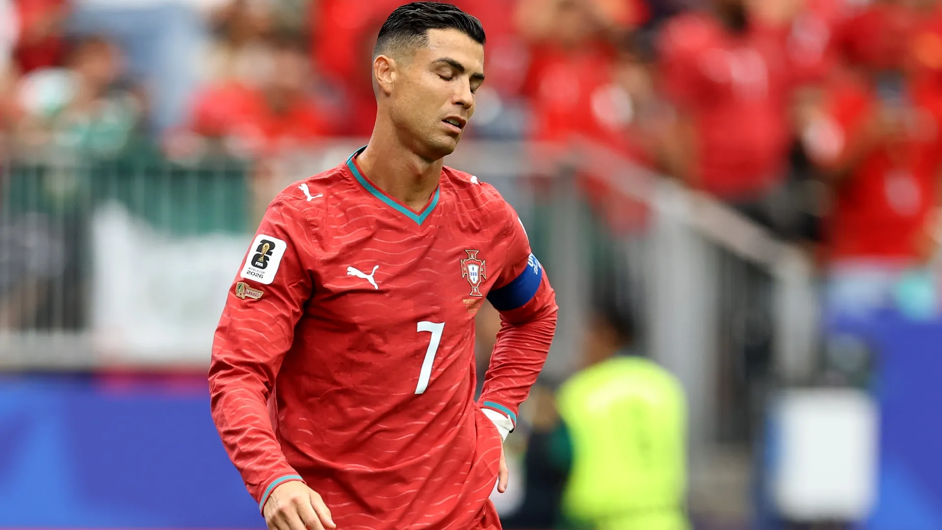 Cristiano Ronaldo #7 of Portugal reacts during the FIFA World Cup 2026 Group K match. Molly Darlington/Getty Images