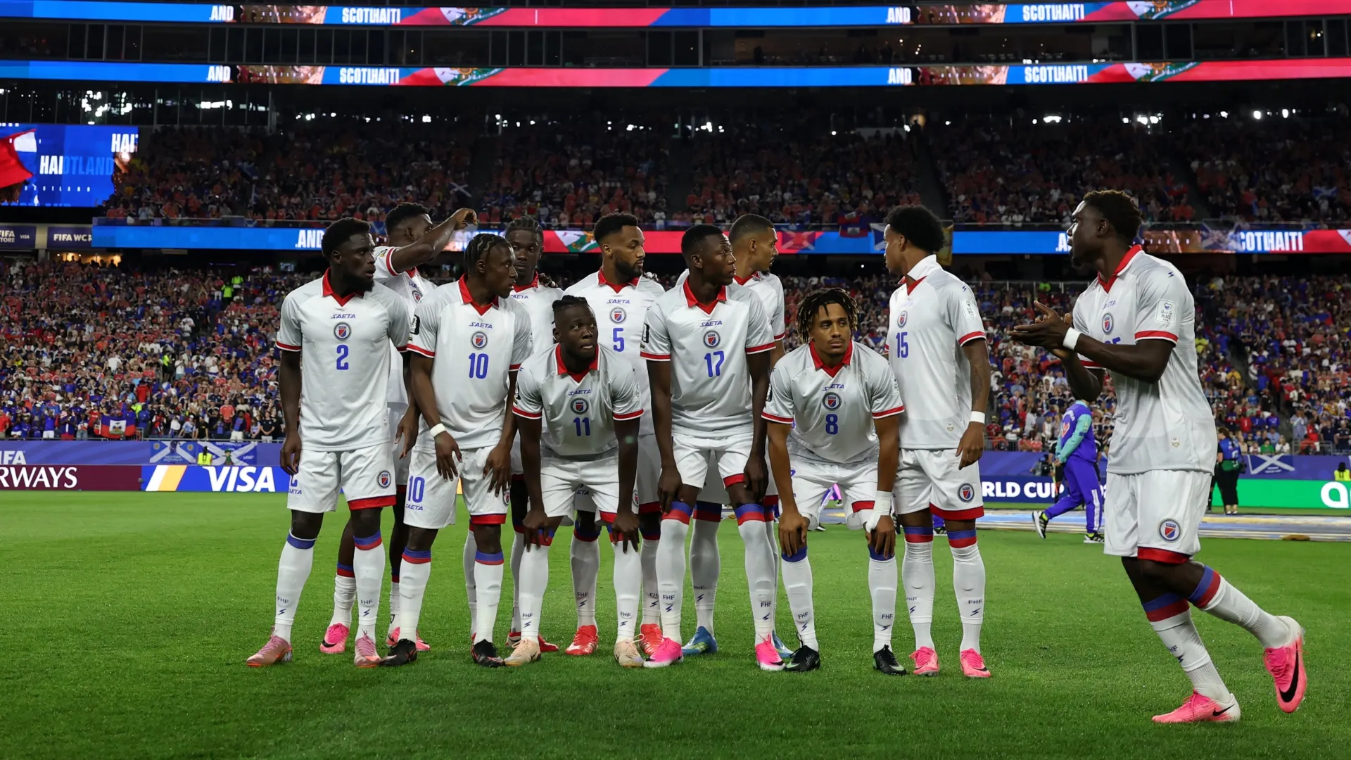 Haiti players prepare for a a team photo during the FIFA World Cup 2026 Group C match. Justin Setterfield/Getty Images