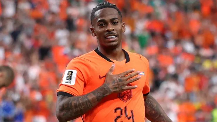 Crysencio Summerville #24 of the Netherlands celebrates scoring his team's fifth goal.