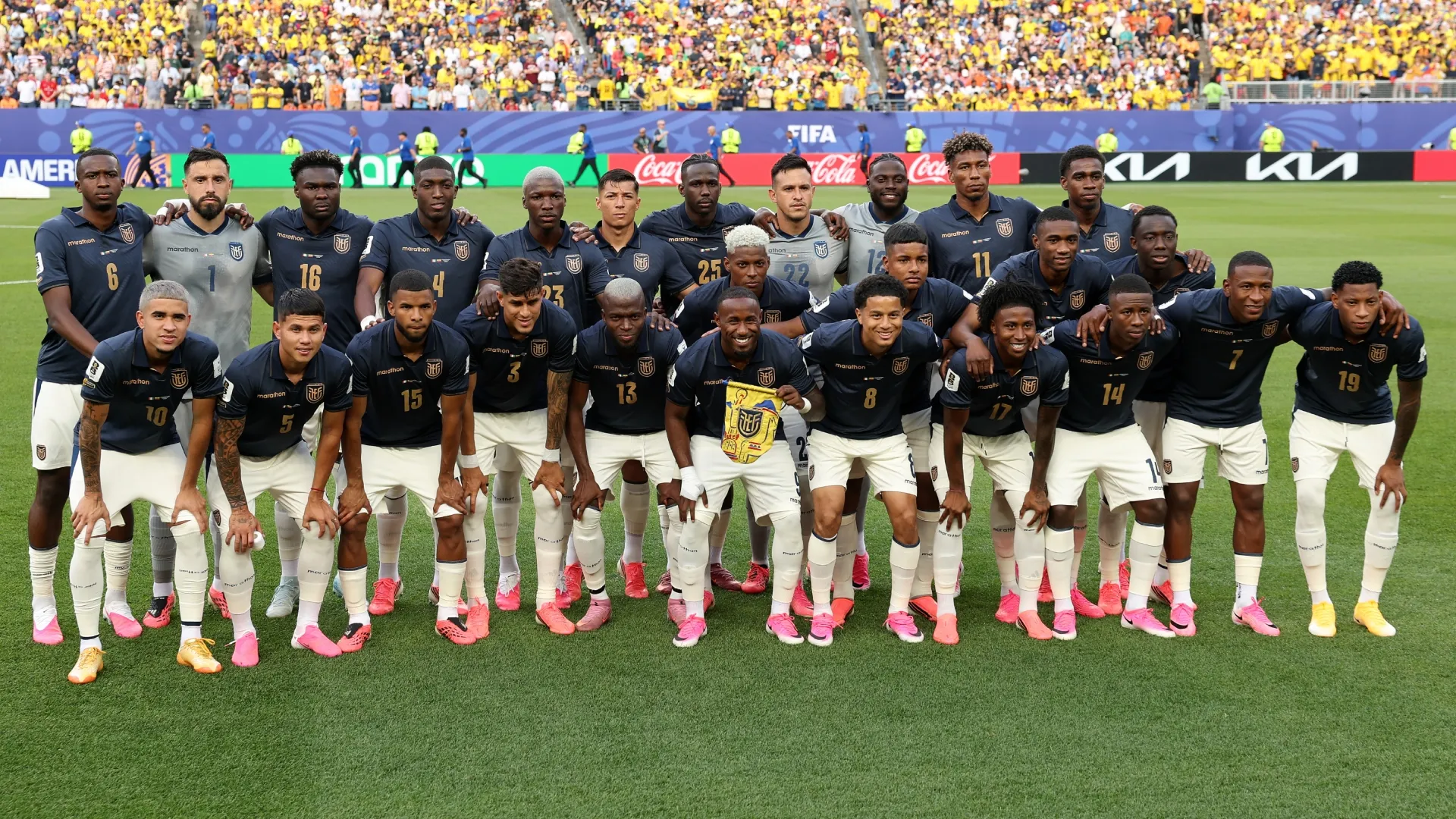 Ecuador players line up for a team photo before the FIFA World Cup 2026 Group E match. Darrian Traynor/Getty Images