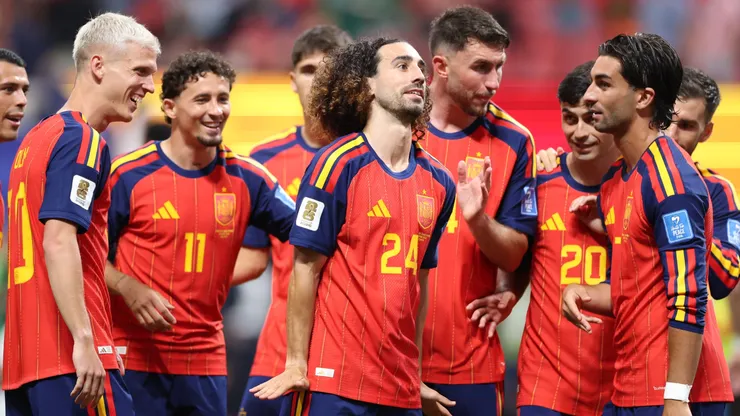 Marc Cucurella #24 of Spain celebrates with teammates.