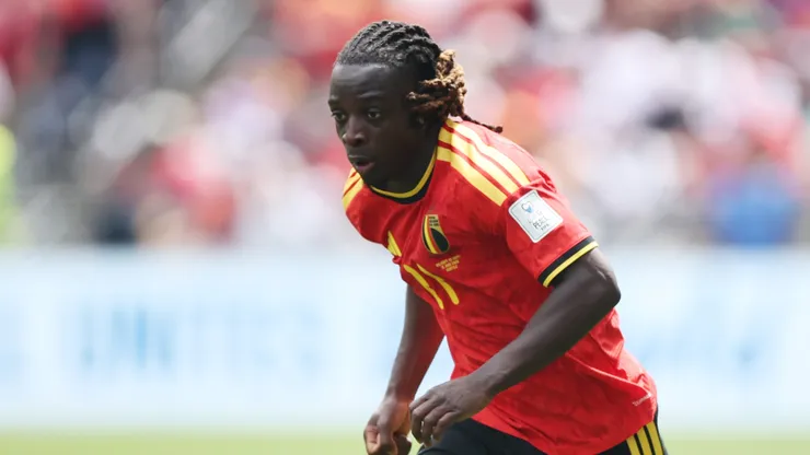 Jeremy Doku #11 of Belgium controls the ball.