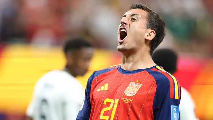 Mikel Oyarzabal #21 of Spain celebrates scoring his team's second goal.
