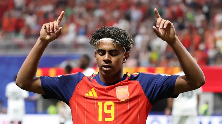 Lamine Yamal #19 of Spain celebrates scoring his team's first goal during the FIFA World Cup 2026.