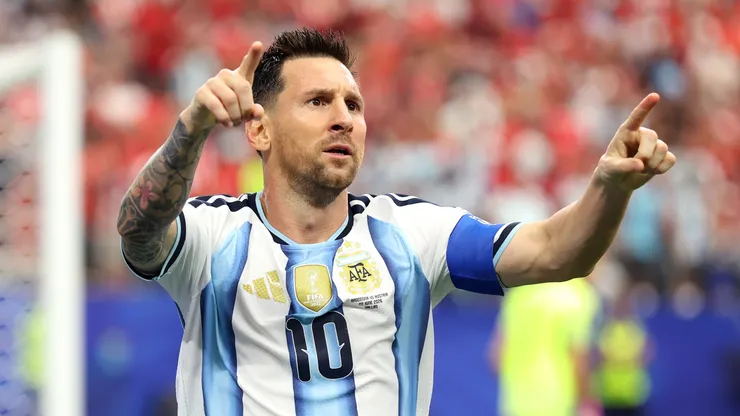Lionel Messi #10 of Argentina celebrates after scoring his team's first goal.