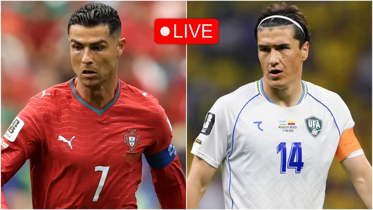 Cristiano Ronaldo of Portugal (left) and Eldor Shomurodov #14 of Uzbekistan.