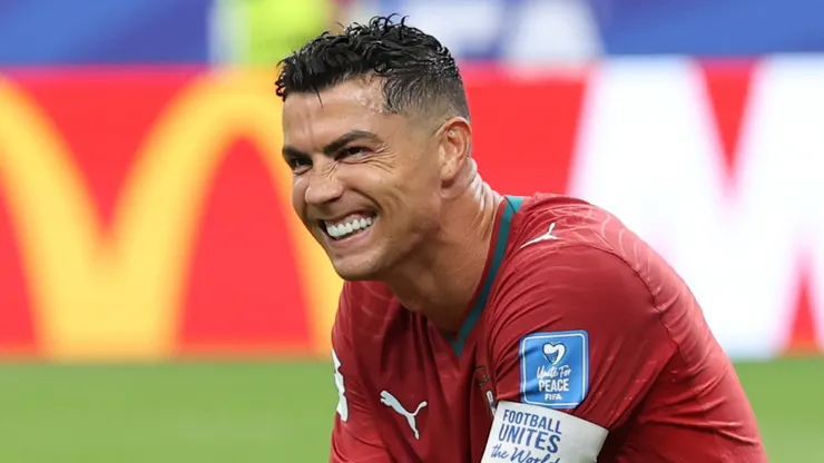 Cristiano Ronaldo #7 of Portugal reacts after diving for the ball.