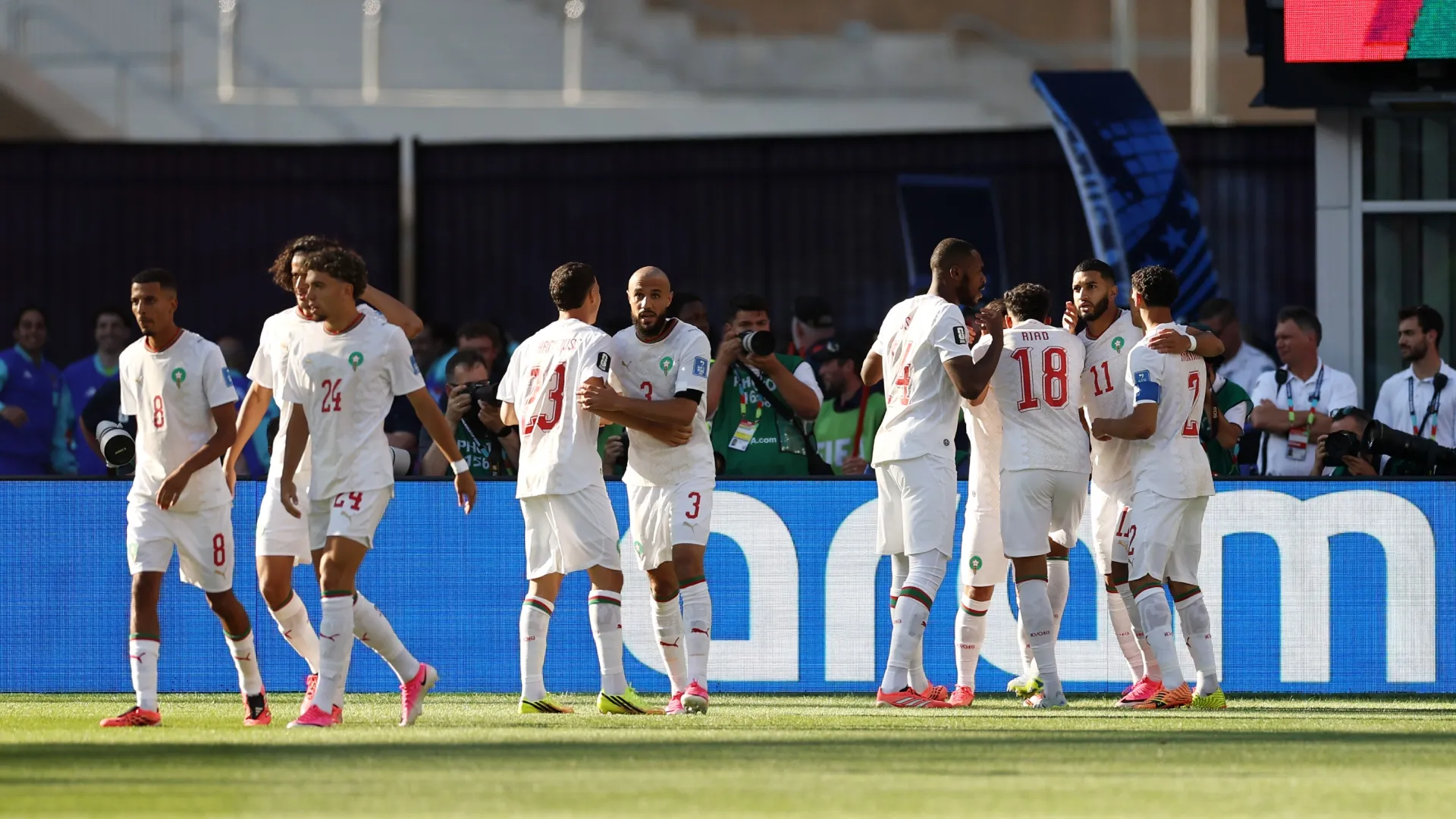 Ismael Saibari (2nd R) #11 of Morocco celebrates with teammates after scoring his team’s first goal. Buda Mendes/Getty Images