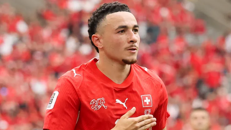 Ruben Vargas #17 of Switzerland celebrates scoring his team's first goal.