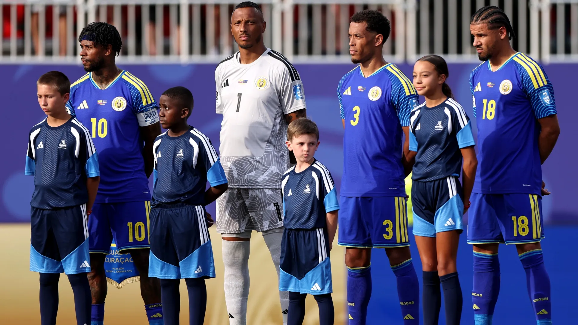 Leandro Bacuna #10, Eloy Room #1, Jurien Gaari #3 and Armando Obispo #18 of Curacao line up. Francois Nel/Getty Images