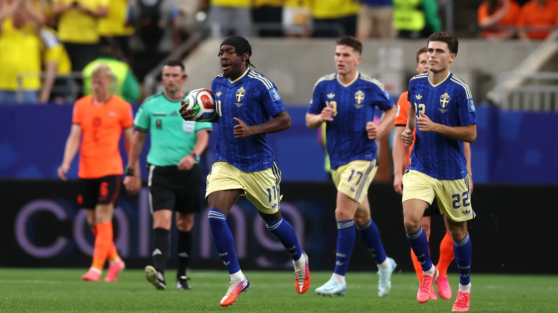 Anthony Elanga #11 of Sweden celebrates after scoring his team’s first goal. Lars Baron/Getty Images