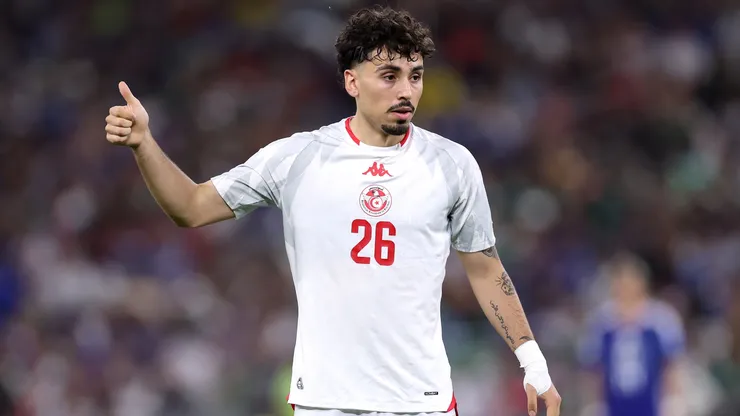 Sebastian Tounekti #26 of Tunisia reacts during the FIFA World Cup 2026 Group F match
