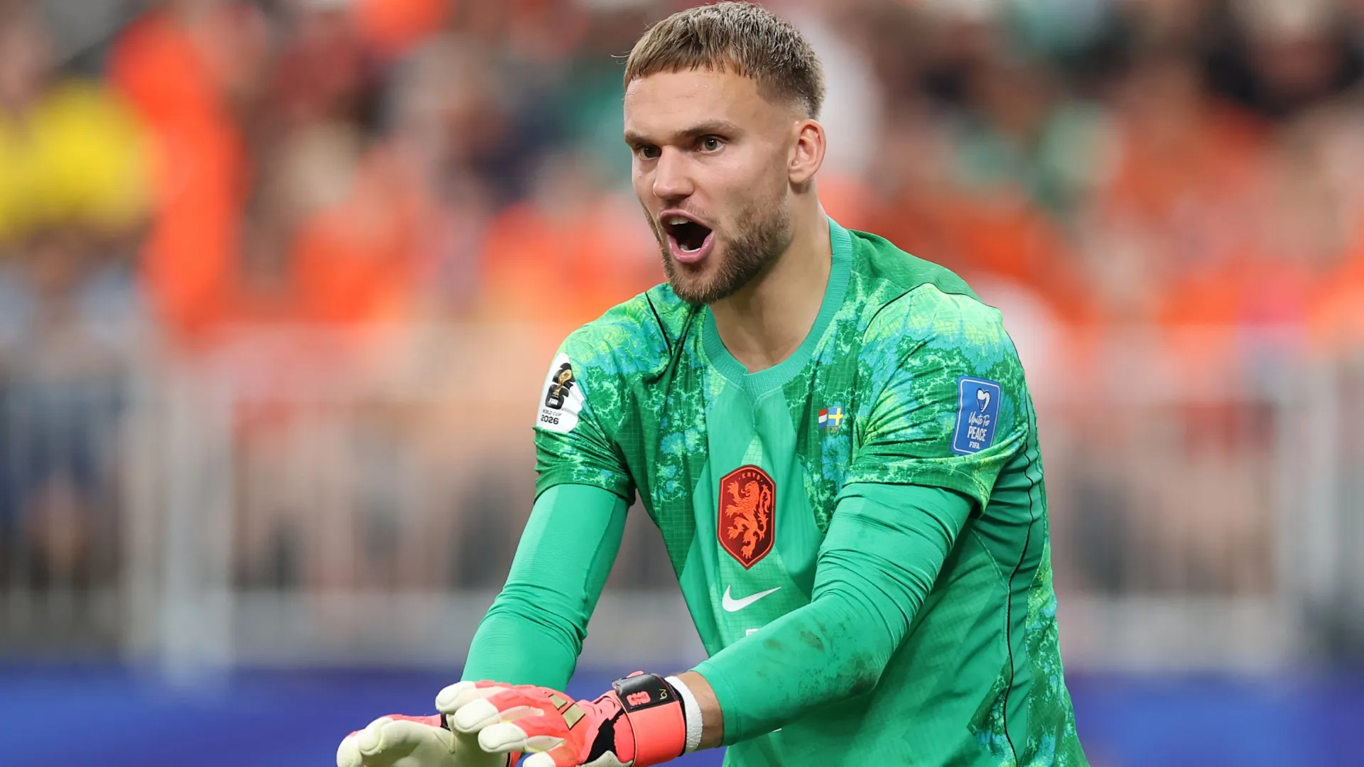 Bart Verbruggen of Netherlands reacts during the FIFA World Cup 2026 Group F match (Source: Molly Darlington/Getty Images)