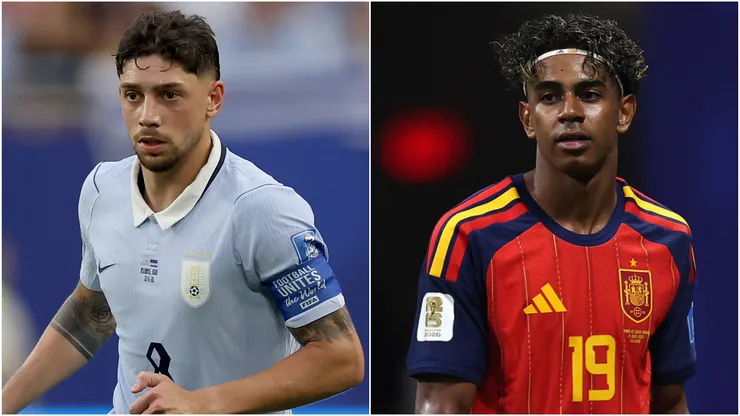 Federico Valverde of Uruguay and Lamine Yamal of Spain