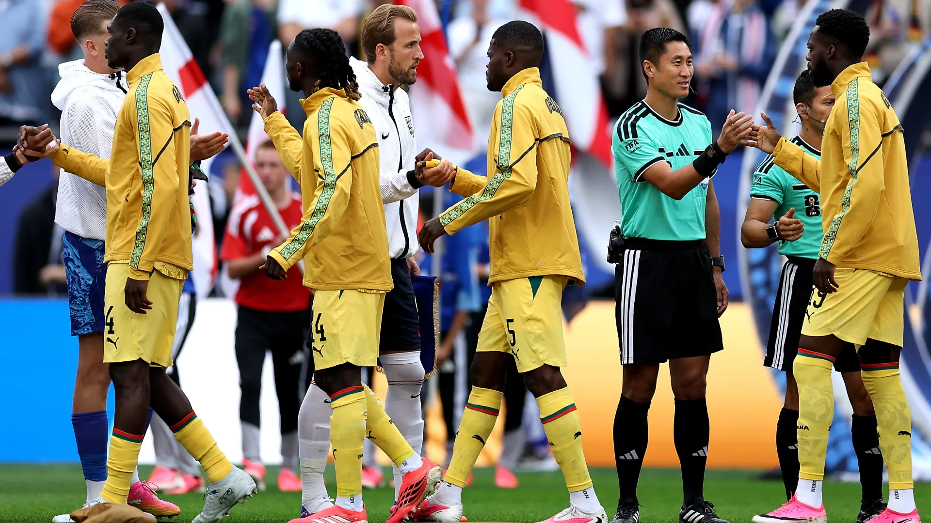 Harry Kane #9 of England and Thomas Partey #5 of Ghana shake hands. Buda Mendes/Getty Images