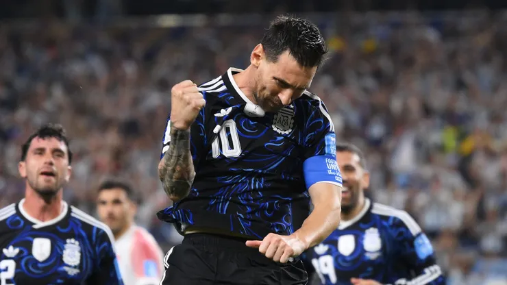 Lionel Messi #10 of Argentina celebrates scoring his team's third goal during the FIFA World Cup 2026 Group J match.