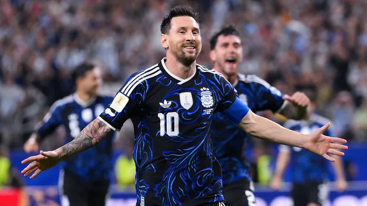Lionel Messi #10 of Argentina celebrates scoring his team's third goal.