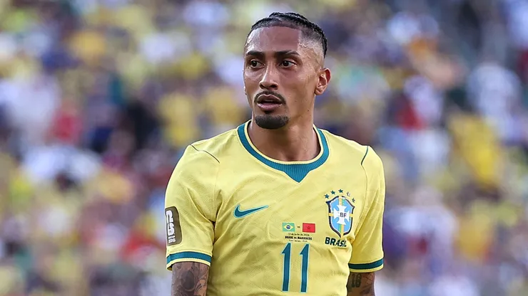 Raphinha #11 of Brazil reacts during the FIFA World Cup 2026 Group C match.