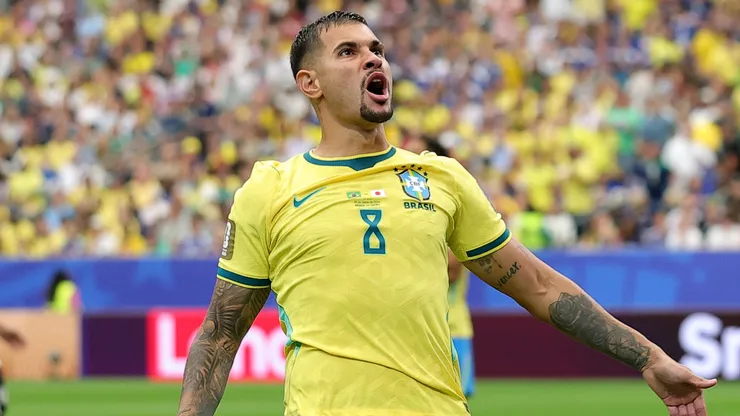 Bruno Guimaraes #8 of Brazil reacts during the FIFA World Cup 2026 Round Of 32 match.