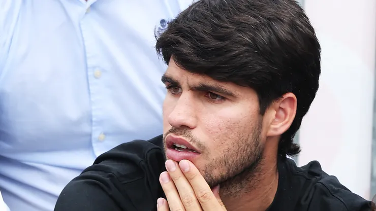 Carlos Alcaraz of Spain reacts after a point while watching his bother Jaime Alcaraz.