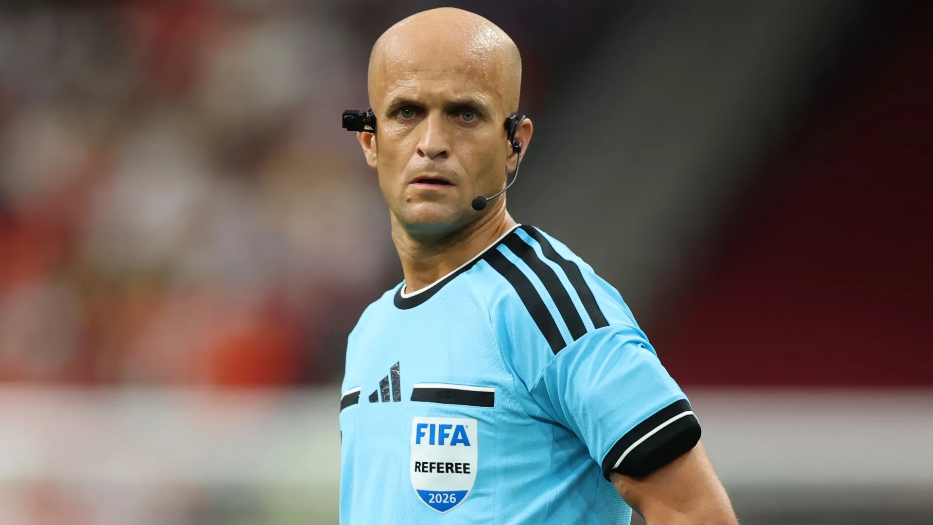 Referee Adham Makhadmeh reacts during the FIFA World Cup 2026 Group G match. Alex Grimm/Getty Images