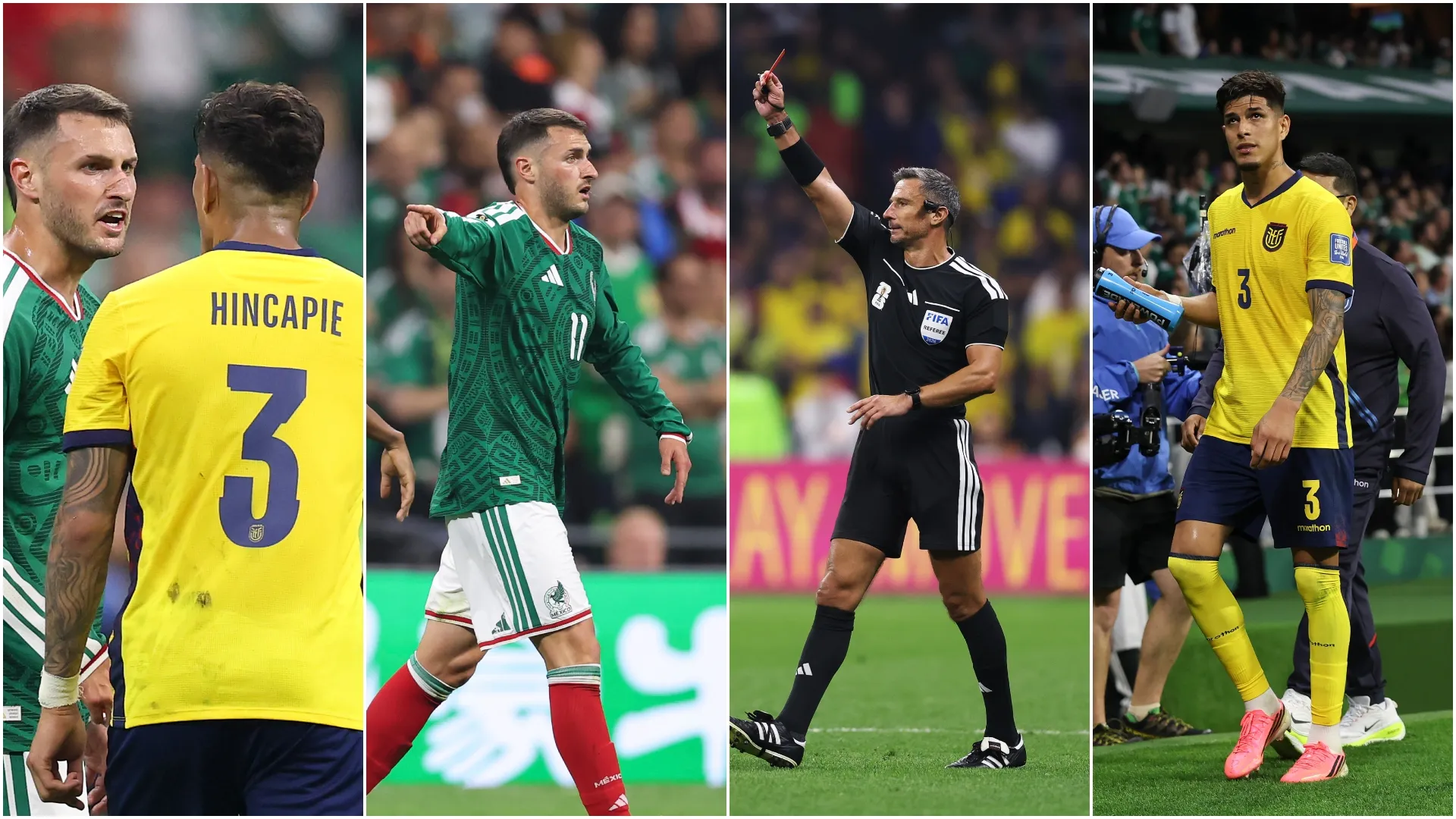 Full sequence: Hincapie covers his mouth, Gimenez makes referee aware, and defender is sent off.