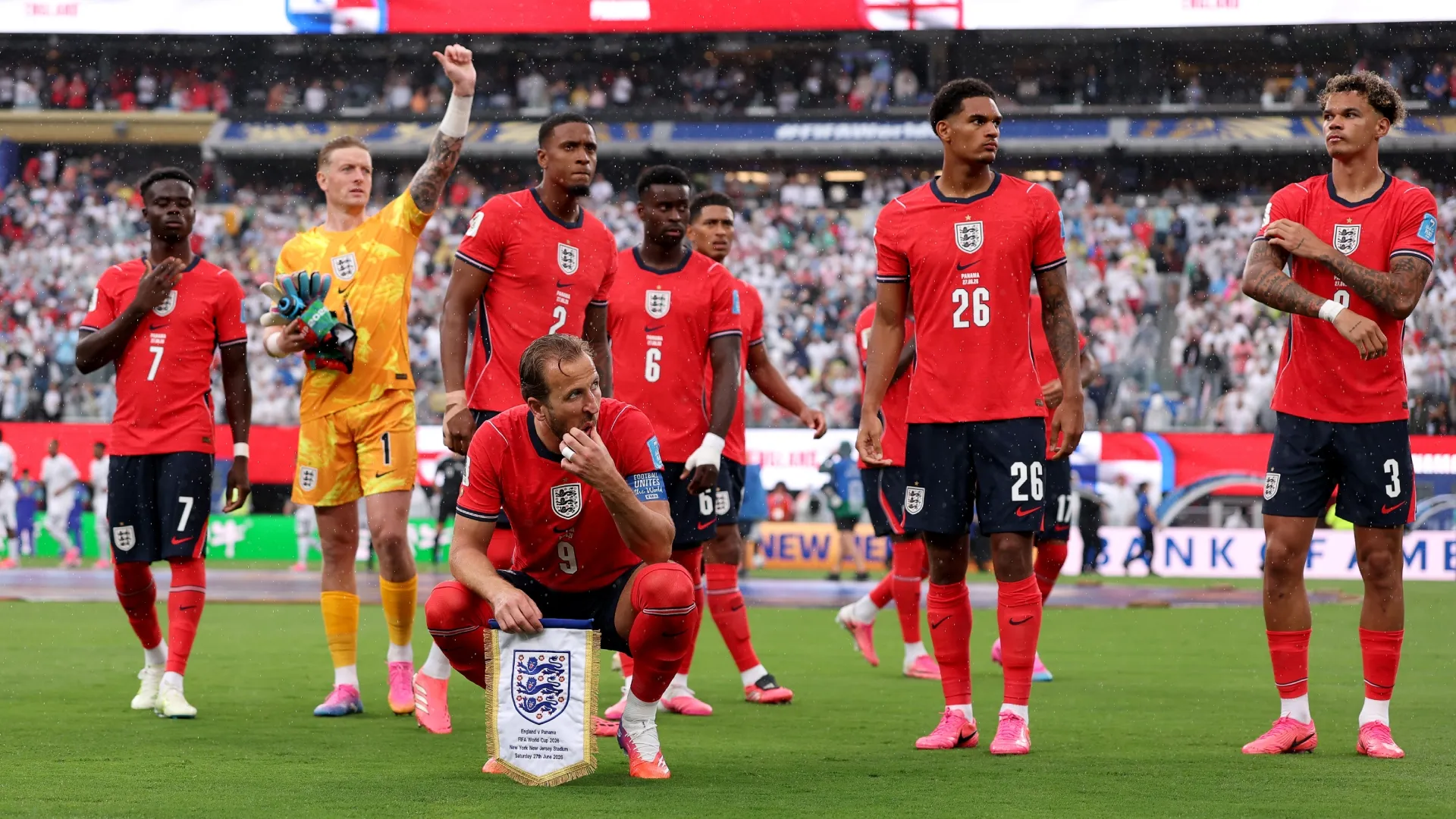 Harry Kane #9 of England and teammates before the FIFA World Cup 2026 Group L match (Source: Mattia Ozbot/Getty Images)