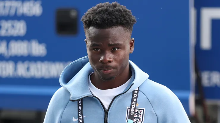Bukayo Saka #7 of England arrives at the stadium before the FIFA World Cup 2026 Round Of 32 match.