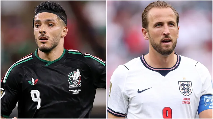 Raul Jimenez #9 of Mexico (left) and Harry Kane of England.