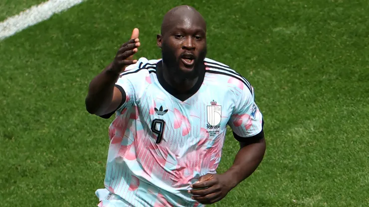 Romelu Lukaku #9 of Belgium reacts after scoring the team's first goal.