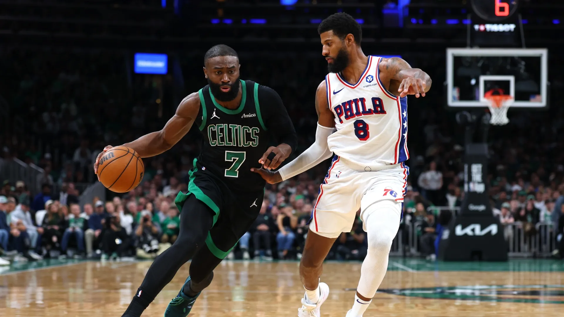 Paul George against Jaylen Brown.