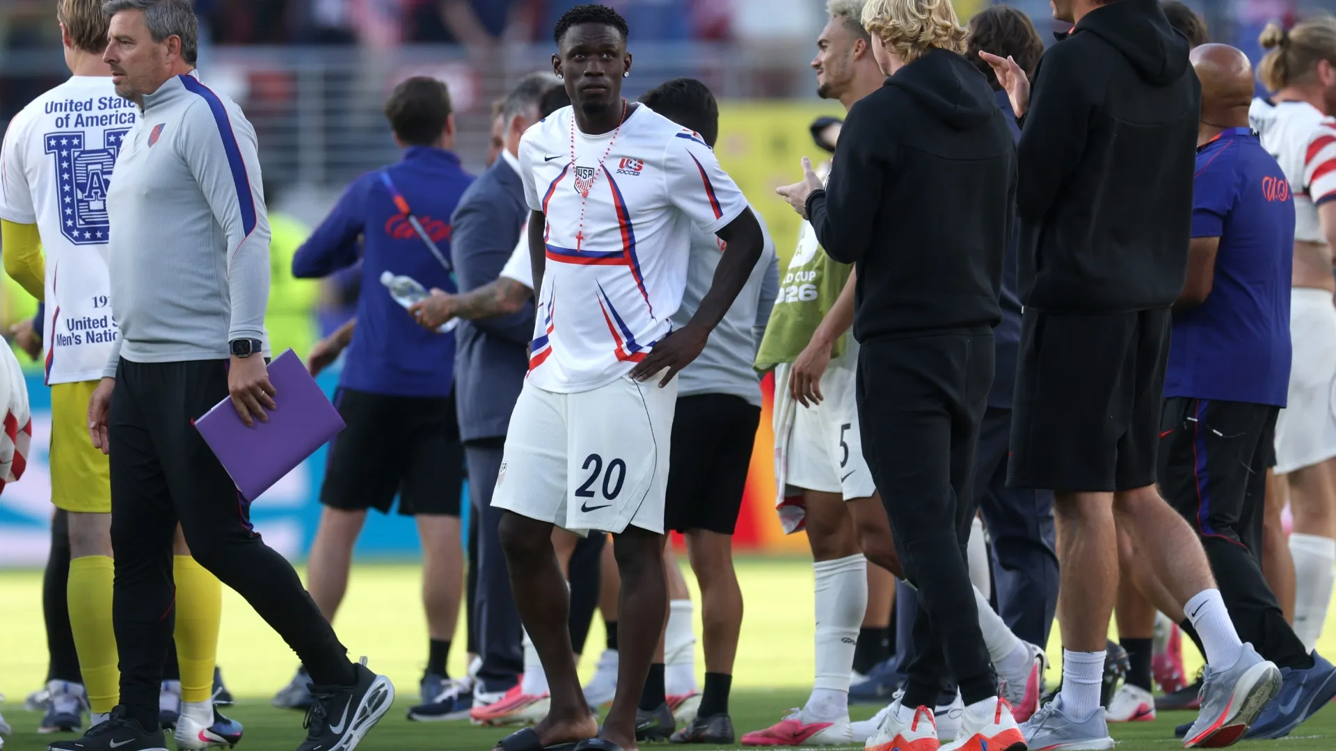 Folarin Balogun #20 of the United States reacts after the FIFA World Cup 2026 Round of 32 match. Jamie Squire/Getty Images