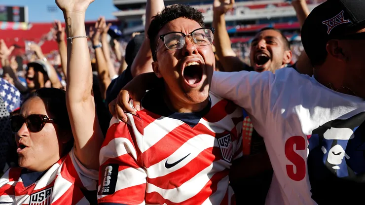 United States fans cheer at the FIFA Fan Festival at LA Memorial Coliseum