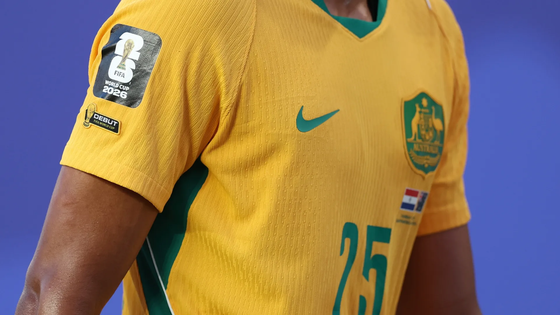 The debut patch on the sleeve of Lucas Herrington during the FIFA World Cup 2026 Group D match (Source: Stu Forster/Getty Images)