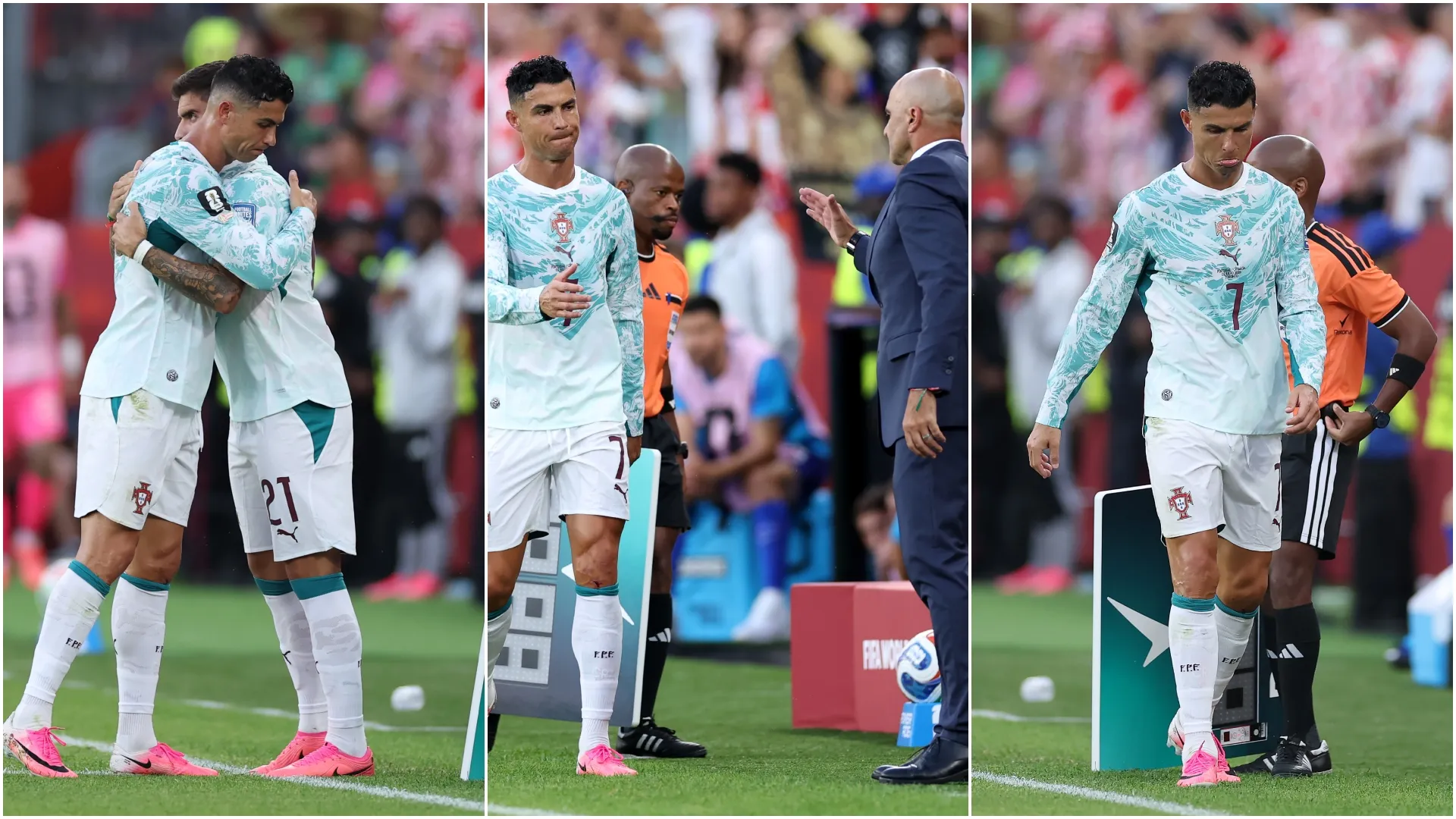 The sequence: Ronaldo greets Neves and Martinez, but shows reproval of the decision.