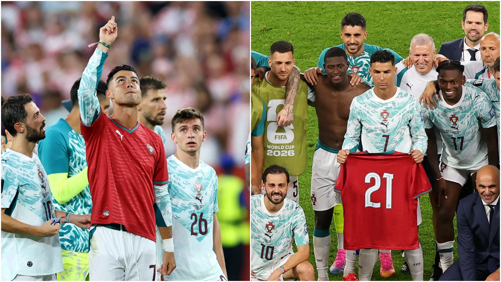 Cristiano Ronaldo gestures to the sky and takes team picture with Diogo Jota’s jersey.