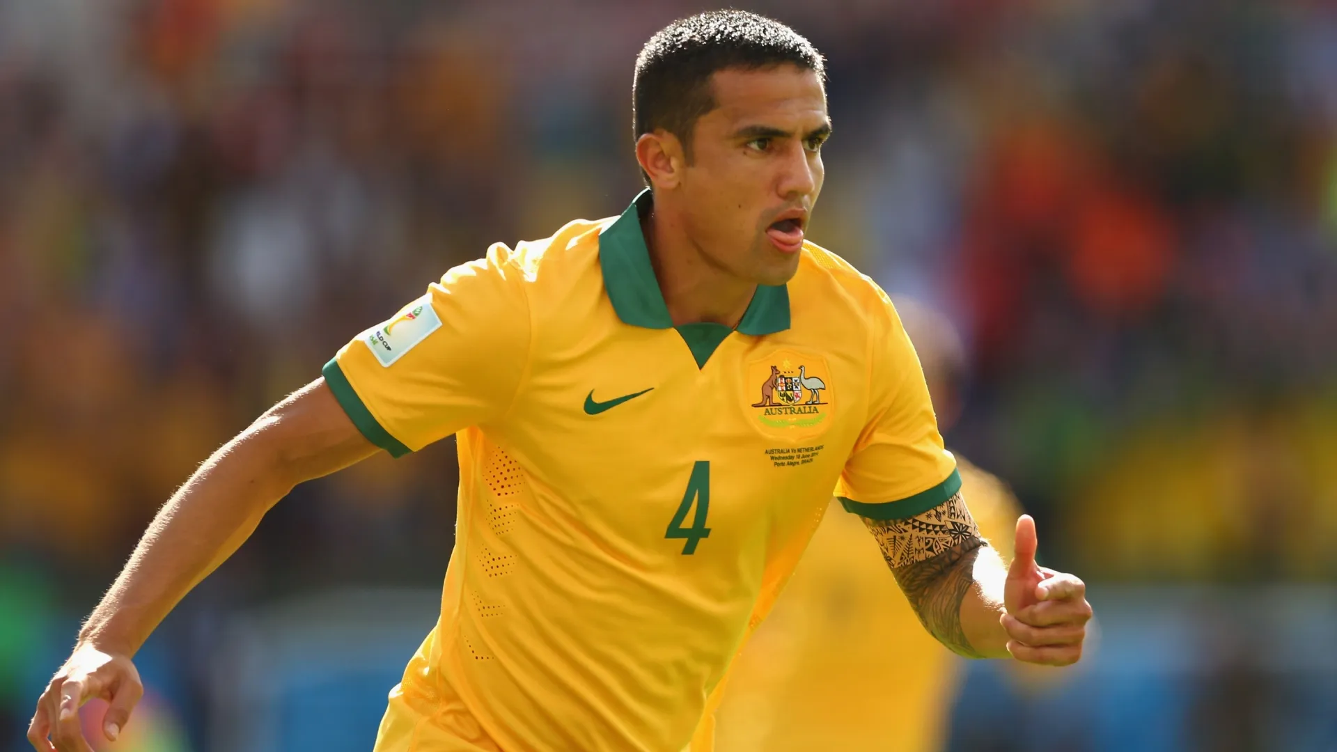 Tim Cahill of Australia celebrates after scoring his team’s first goal during the 2014 FIFA World Cup Brazil. Quinn Rooney/Getty Images